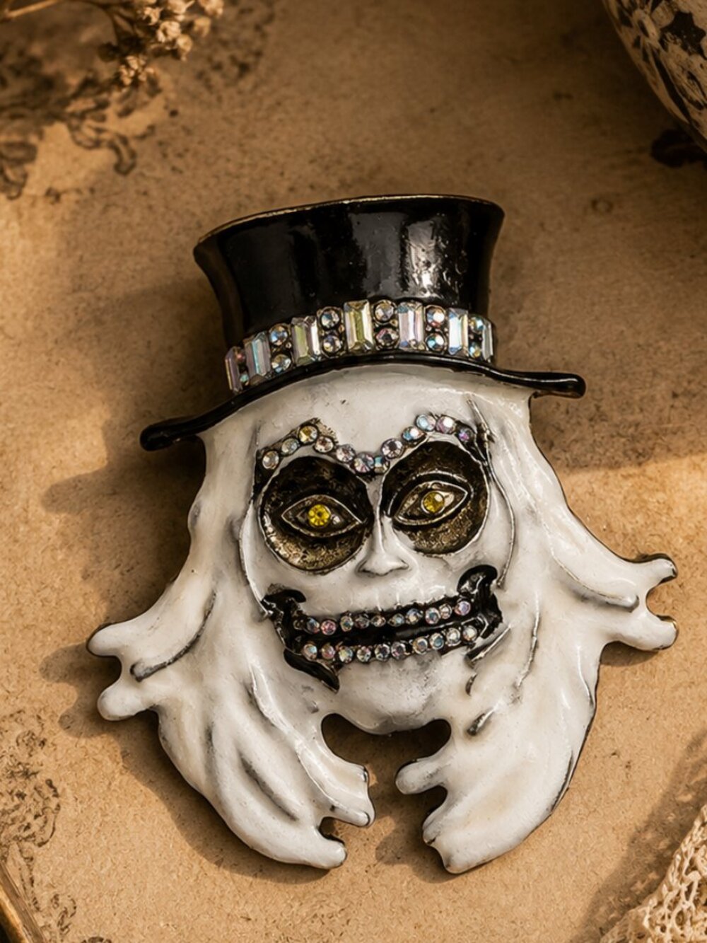 Whimsical Top Hat Ghost Crystal Brooch Halloween Pin Vintage Style